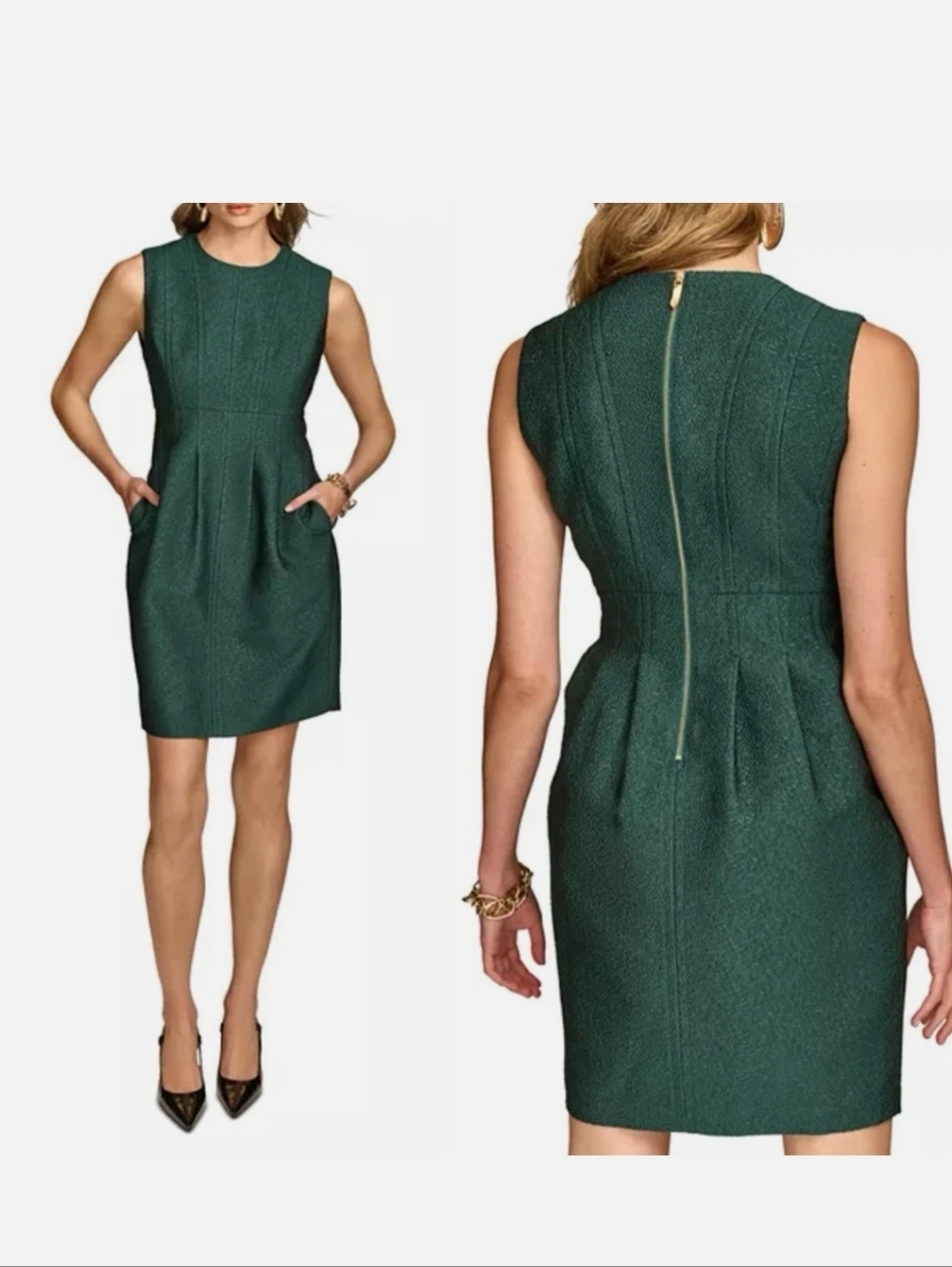 Donna Karan New York DKNY Green Tweed Sheath Dress Sleeveless Metallic Fleck 2P